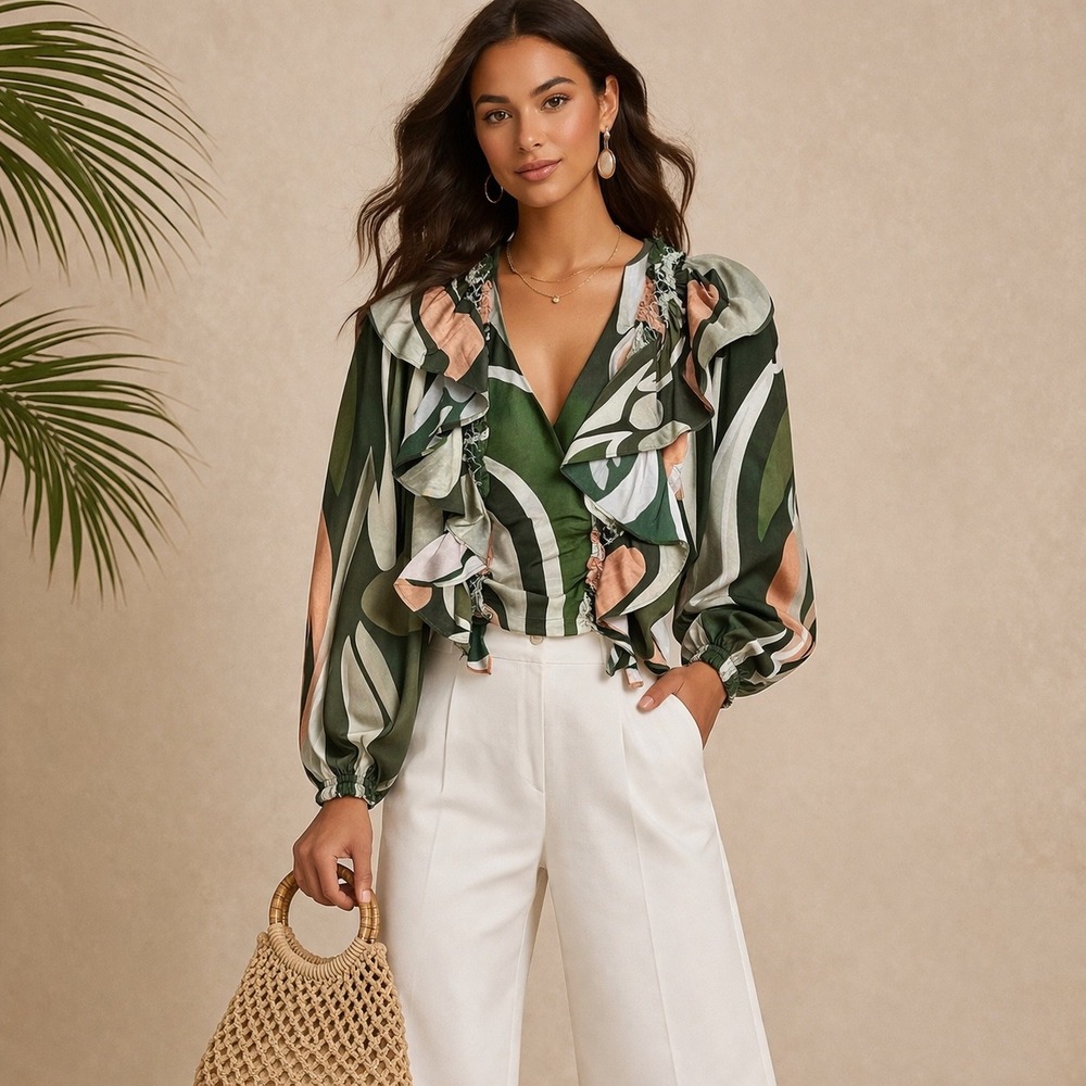Aylaya Abstract Print Ruffle Blouse Women XS Green Peach Boho Balloon Sleeve New